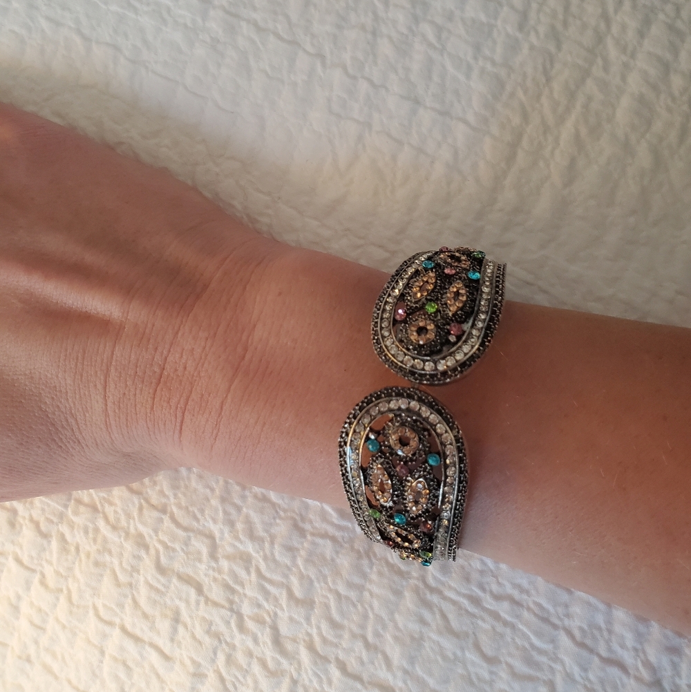 Sculptural Sparkly Edgy Cuff Avant Garde Filigree Gem Stone Hinge Bracelet